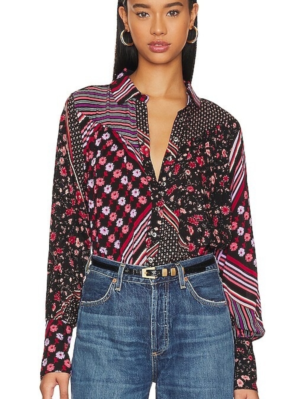 Free People Black and Pink Mixed-Print Button-Up Shirt